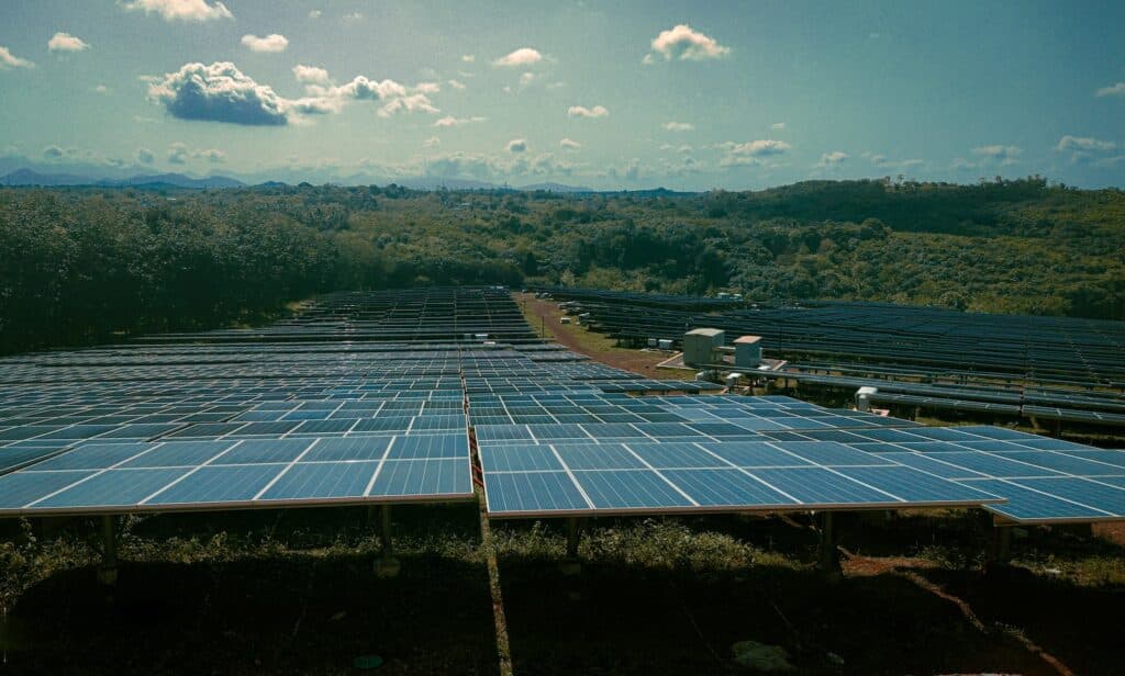 a large solar farm with many rows of solar panels