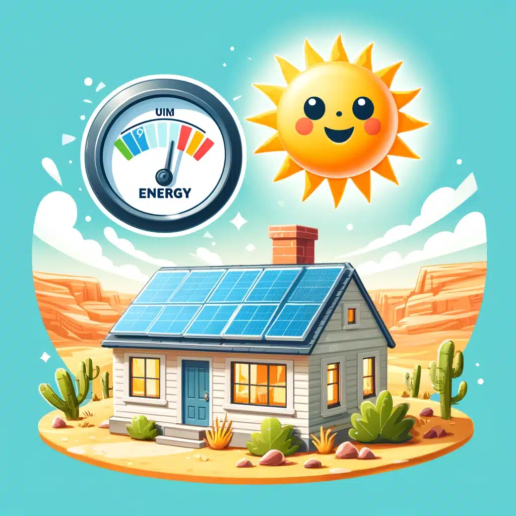 A cartoon house with solar panels, a solar net meter, and sun.