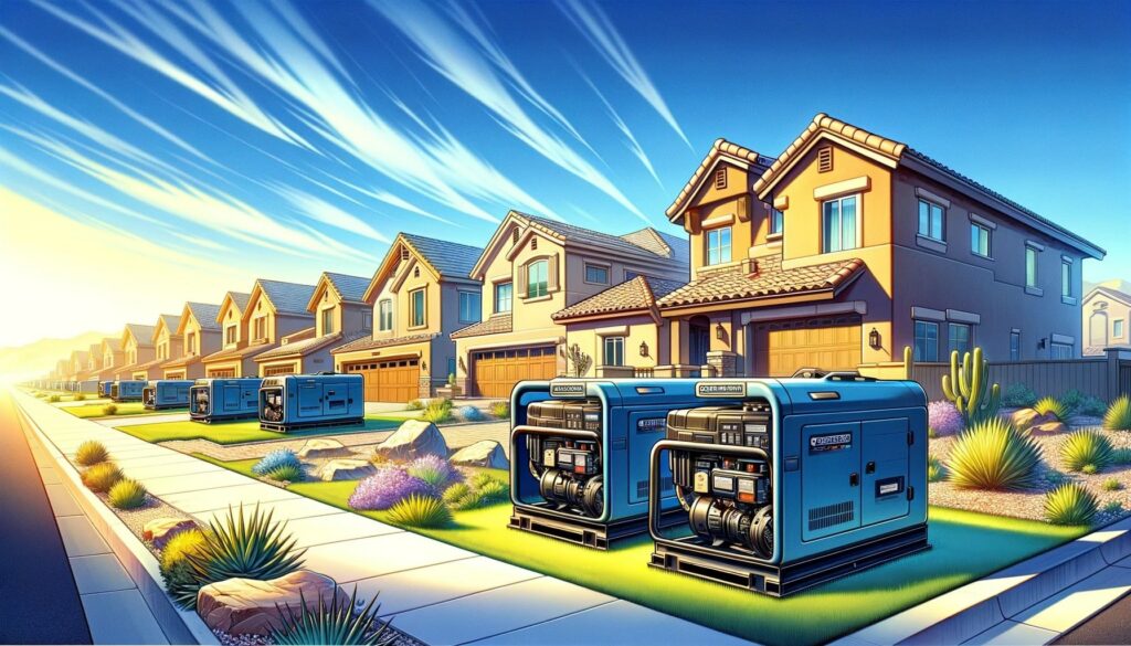 A neighborhood where all the houses have gas generators in the front yard.