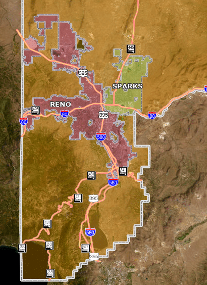 A map of Reno and Sparks with the local jurisdictions highlighted.