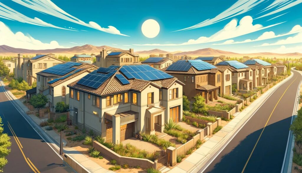 A neighborhood in which all the homes have solar panels on the roofs.