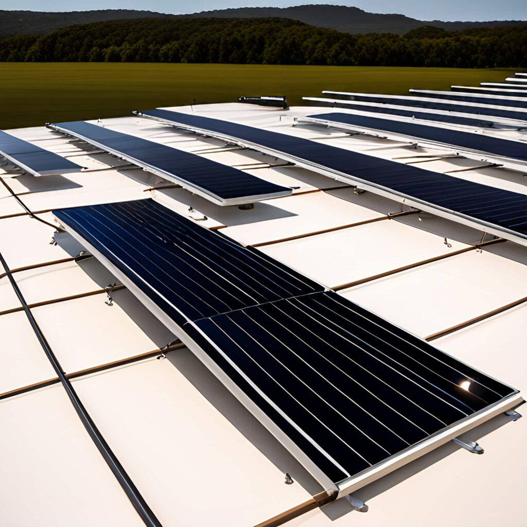 An array of solar panels in a field.