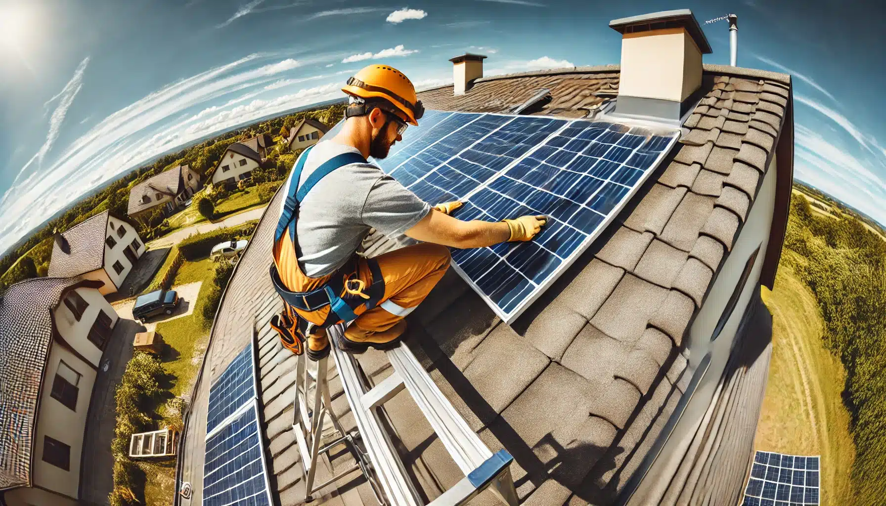 A solar installer installing solar panels on the roof of a house.
