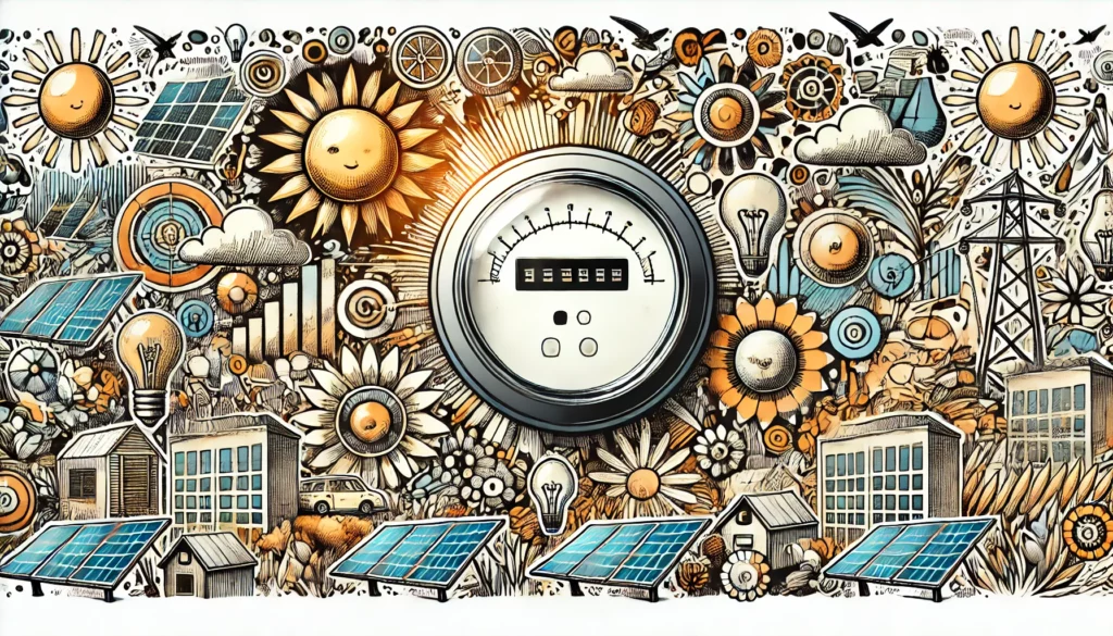 A collage of solar-related images like the sun and solar panels with a drawing of a solar net meter in the middle.