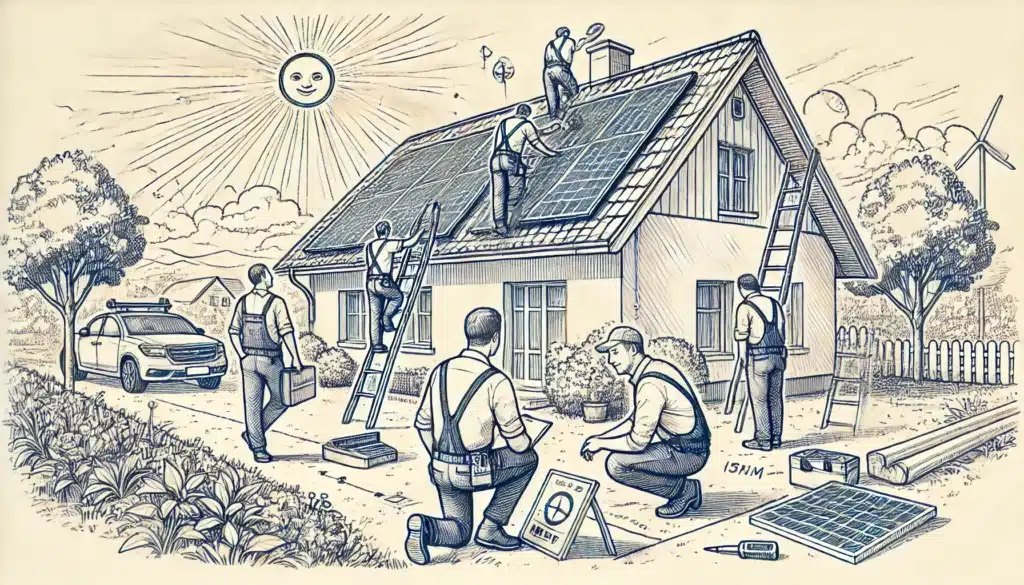 A digital drawing of workers conducting a solar site survey at a home.