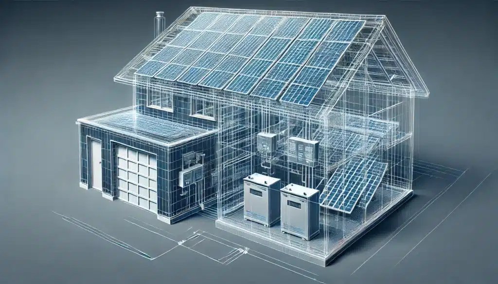 A 3d wireframe drawing of solar panels charging solar batteries in the garage.