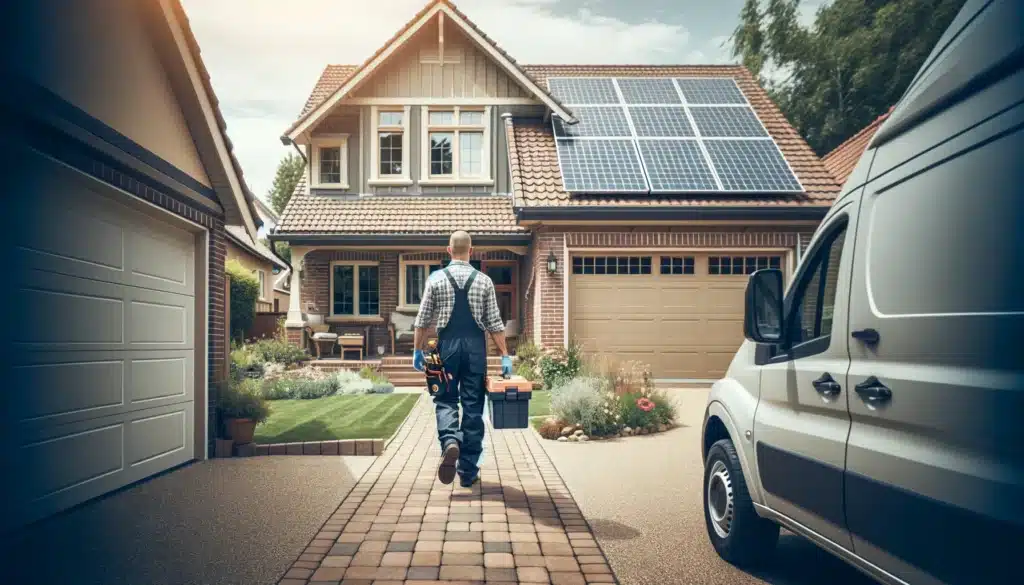 A solar inspector arriving at a home with solar panels on the roof.