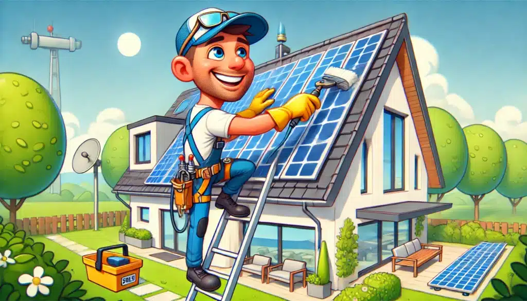 Cartoon of a maintenance man cleaning solar panels on the roof of a home.