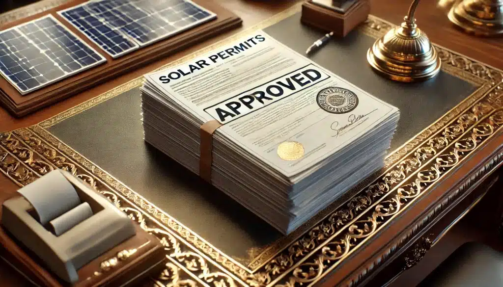 A stack of approved solar permits sitting on a desk.