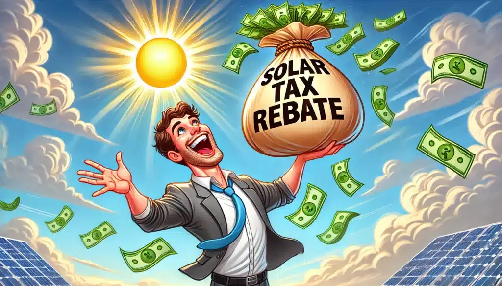 A digital illustration of a man holding a bag of money labeled "Solar Tax Rebate" with money flying around him.