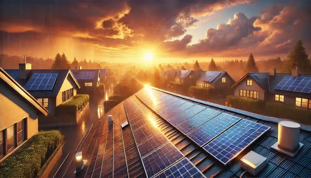 Homes with solar panels on the roof with the sun setting in the background