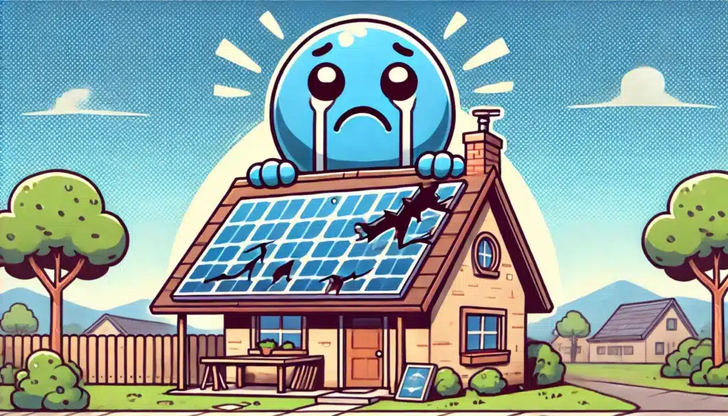 Cartoon of a house with broken solar panels and a sad face.