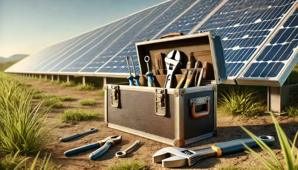 A toolkit sitting on the ground next to solar panels.