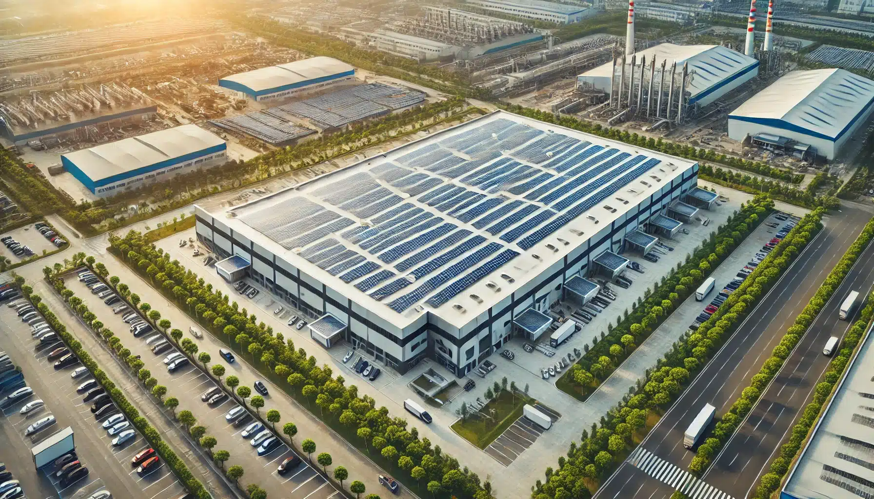 A manufacturing plant with solar panels installed on the roof.