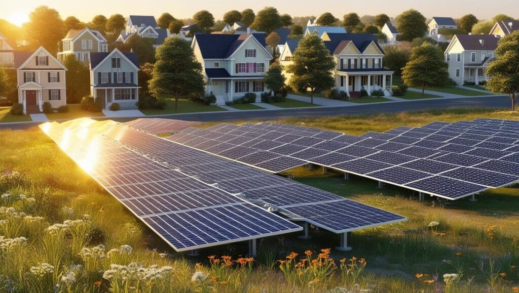 Some community solar panels outside a nearby neighborhood