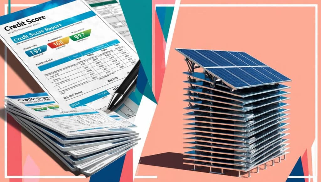 A collage style image showing a credit report and a stack of solar panels