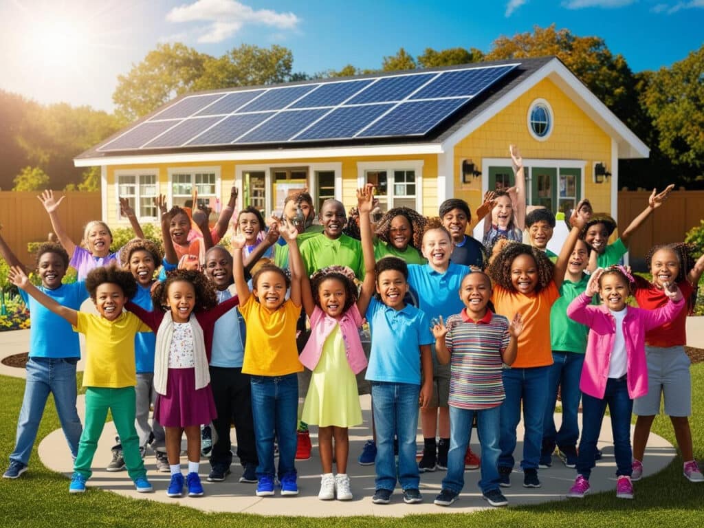 School children celebrating their school's new solar panels on the roof.