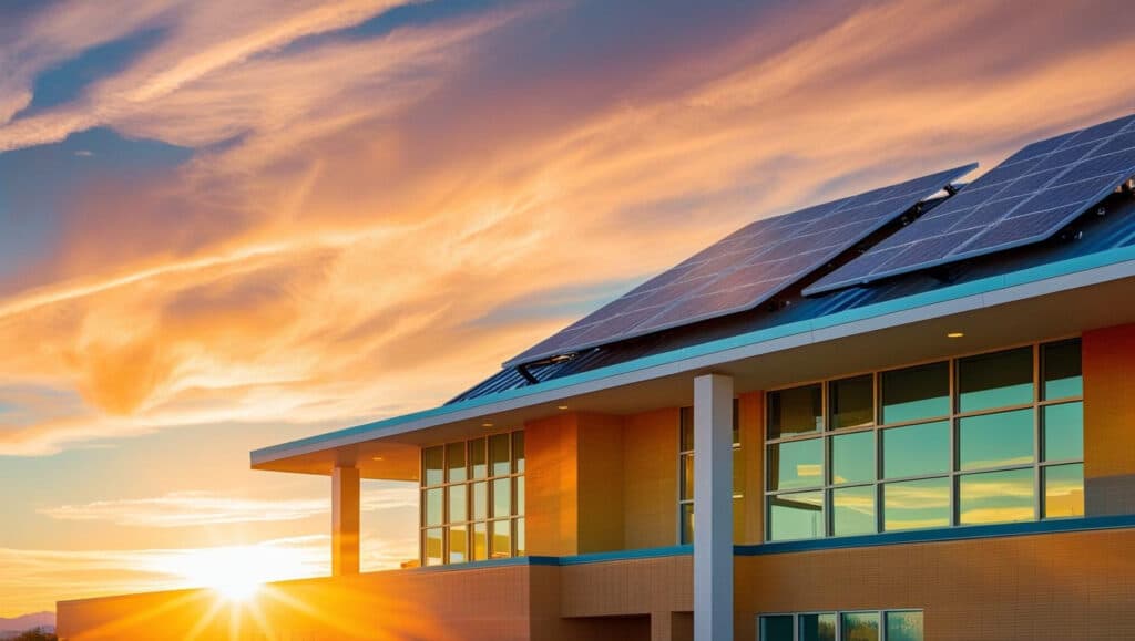 Solar panels on the roof of a Las Vegas public school at dawn.