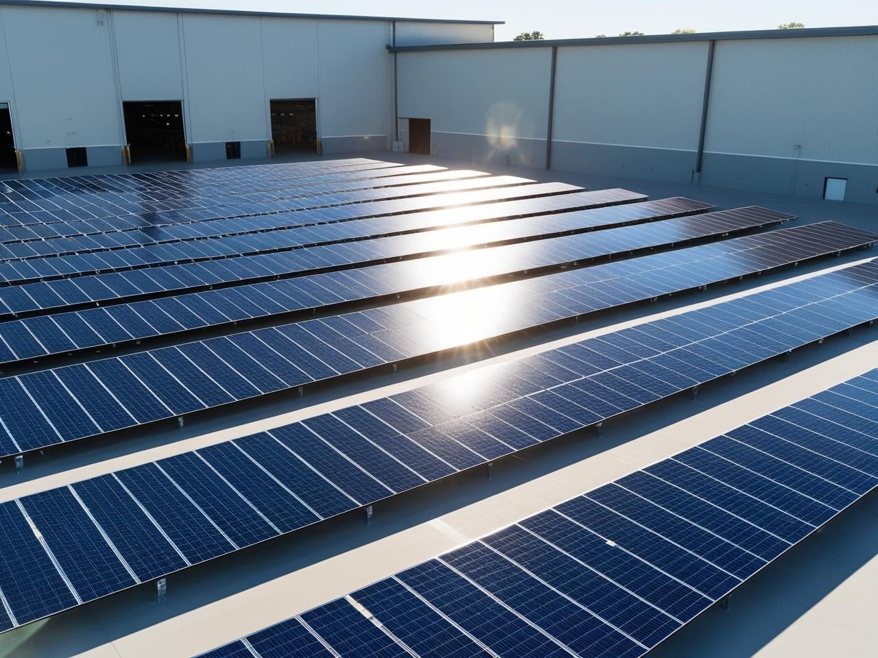 Sun Source Energy Commercial Solar Panels installed in neat rows on a Warehouse Roof