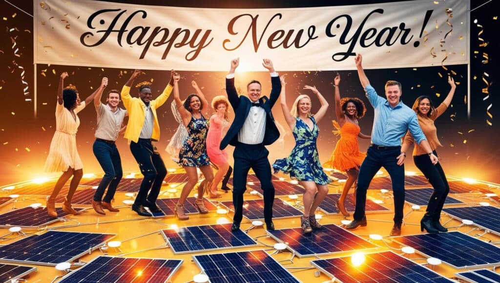 People dancing on a dance floor made of solar panels for a New Years celebration with "Happy New Years" written on a banner above the dance floor.