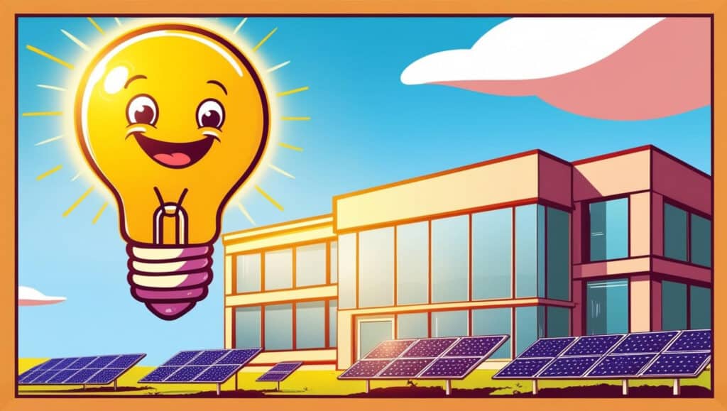 A cartoon image of a giant light bulb floating next to an office building with solar panels at the base of the lightbulb.