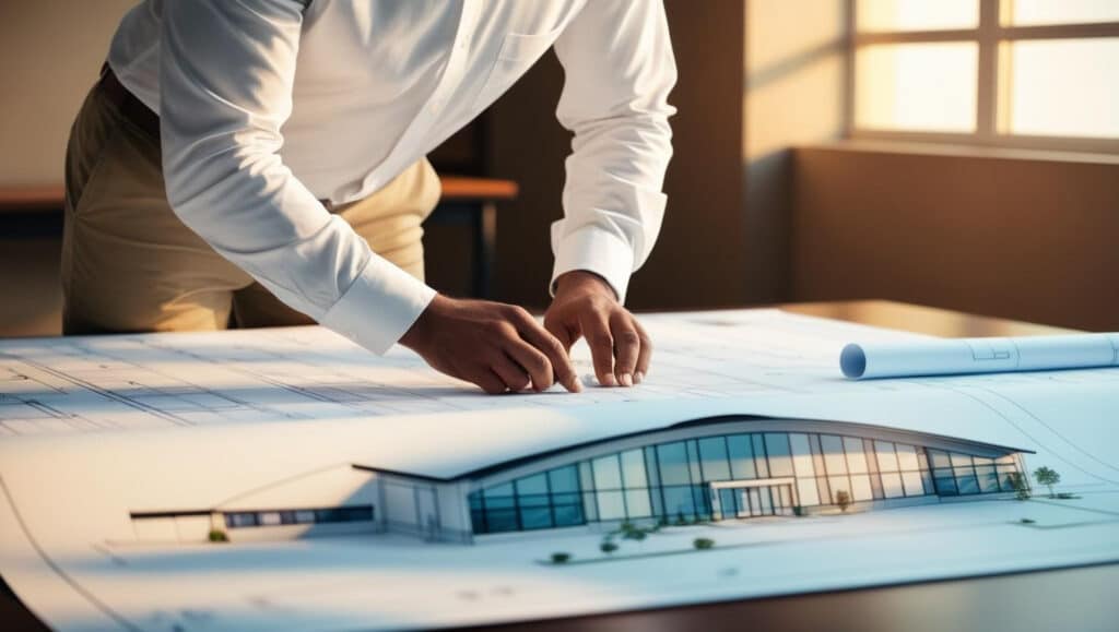 A solar engineer examining the blueprints of a commercial building.