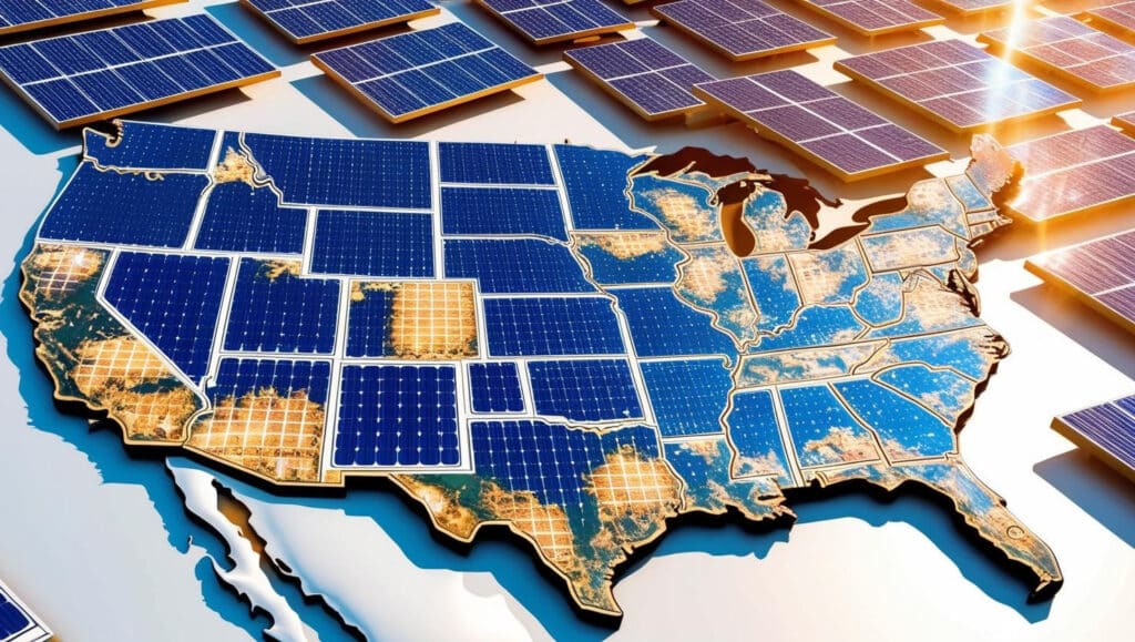 A map of the United States of America covered in solar panels.