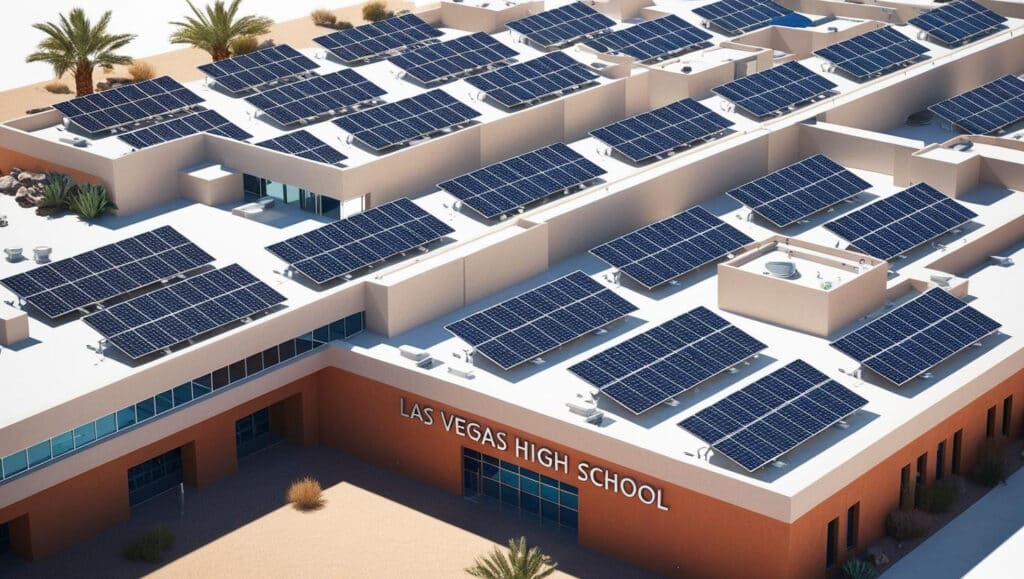 Las Vegas High School with solar panels on the roof.