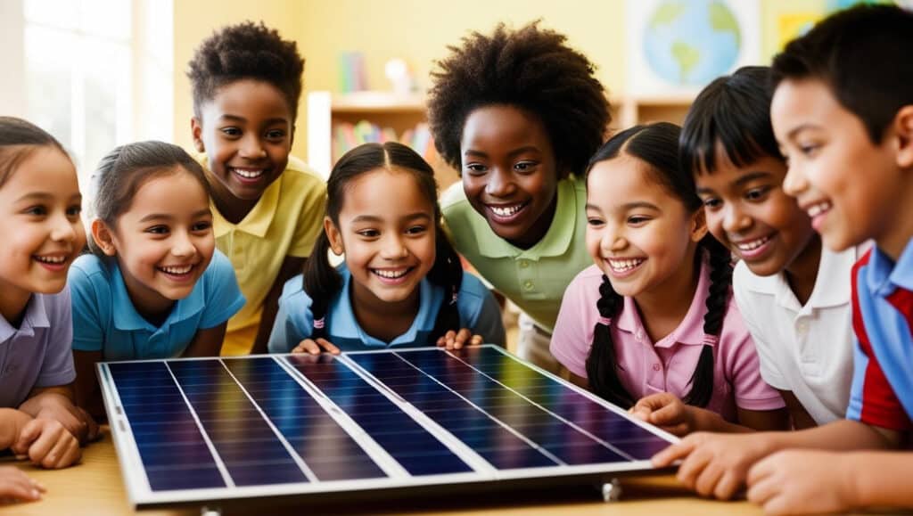 Elementary school students learning about solar panels