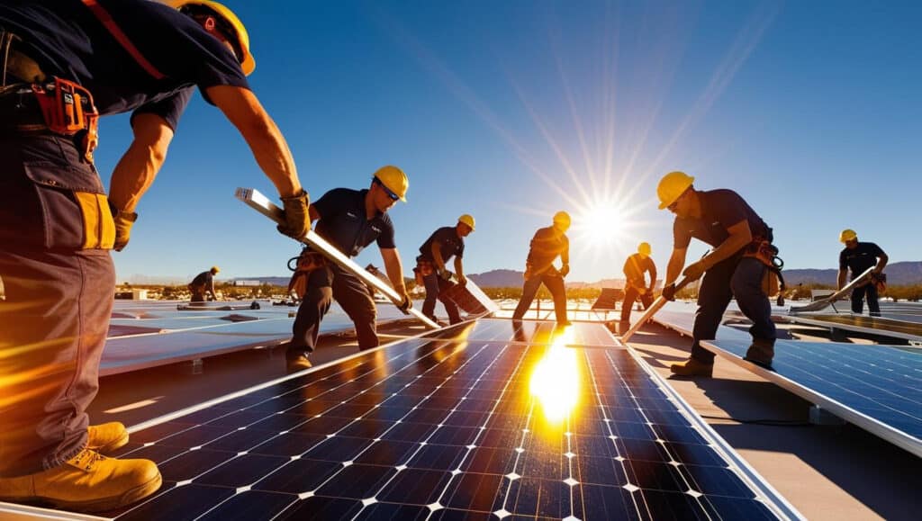 The solar Installation rush in Las Vegas summer as teams install solar panels.