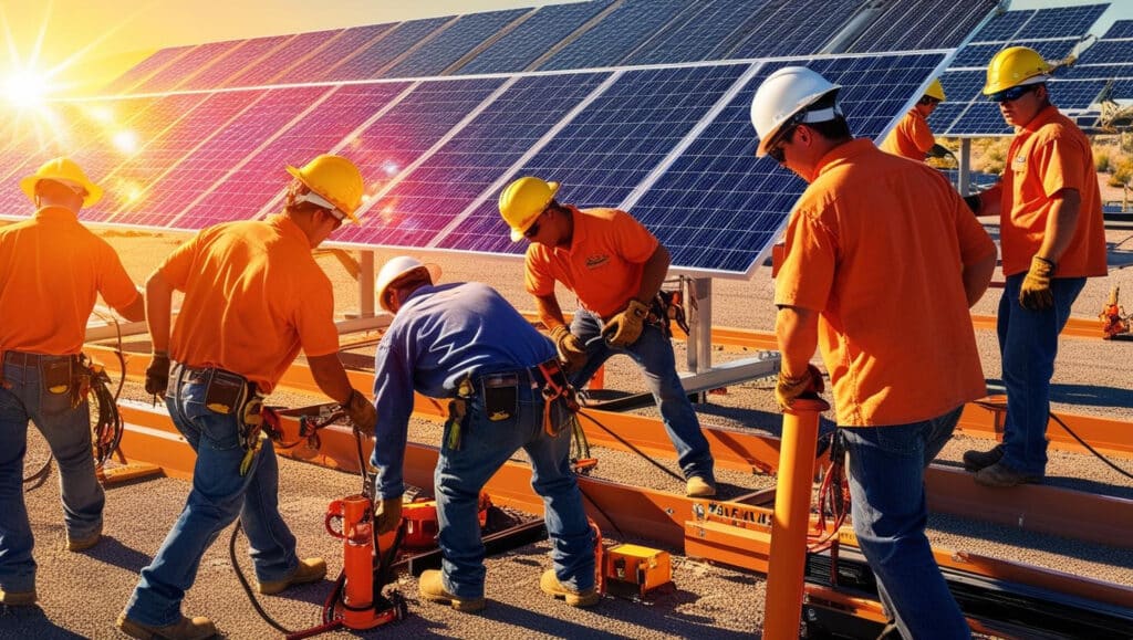 The solar Installation rush in Las Vegas summer as teams install solar panels.